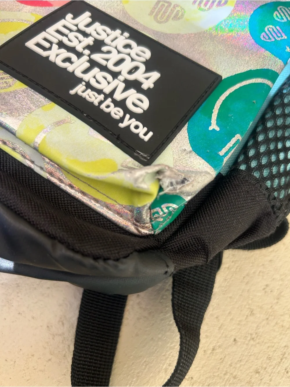 🤩 Justice Sport Smiley Face Daisy Backpack Turquoise Holographic School Bag